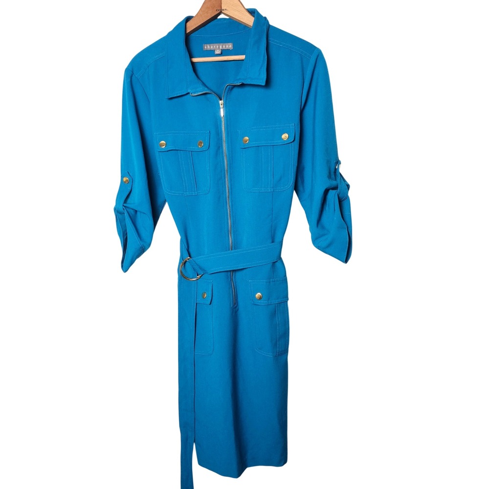 Sharagano Womens Zip Front Belted Utility Dress 14 Teal Blue Safari Career Work